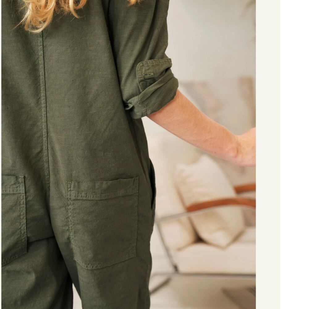 Frank & Eileen Northern Ireland Italian Performance Linen Jumpsuit Army Green XS - Picture 9 of 13